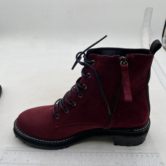 Shoes - Women's Ankle Boots, Lace-up Platform Chunky Heel Booties with Side Zipper Wine
